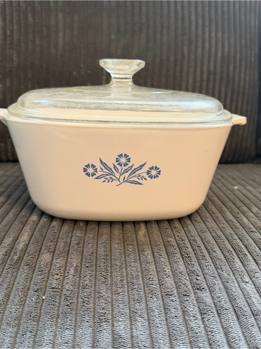 CorningWare White Casserole Dish with Blue Floral Pattern and Glass Lid